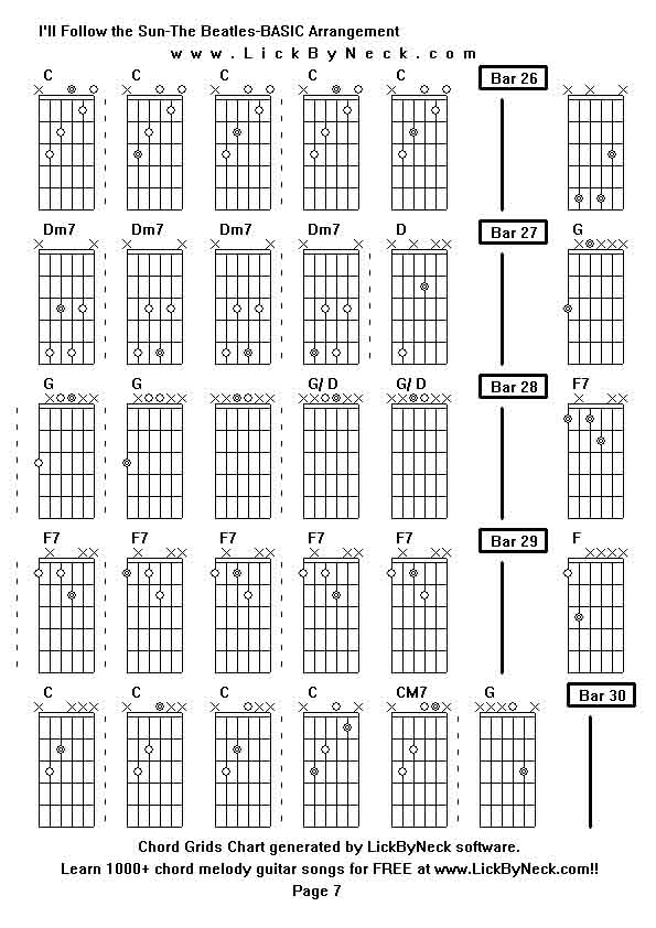 Chord Grids Chart of chord melody fingerstyle guitar song-I'll Follow the Sun-The Beatles-BASIC Arrangement,generated by LickByNeck software.